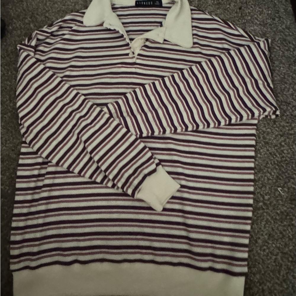 Striped Long Sleeve Polo Shirt - Burgundy & White